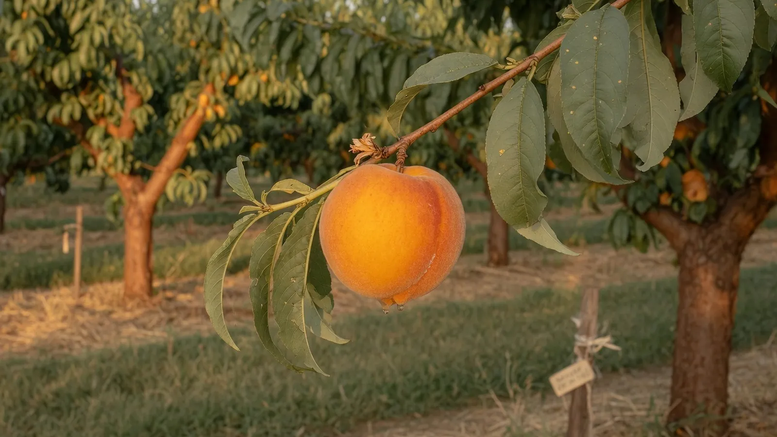 A single ripe peach hanging from a leafy branch in a sunlit orchard.