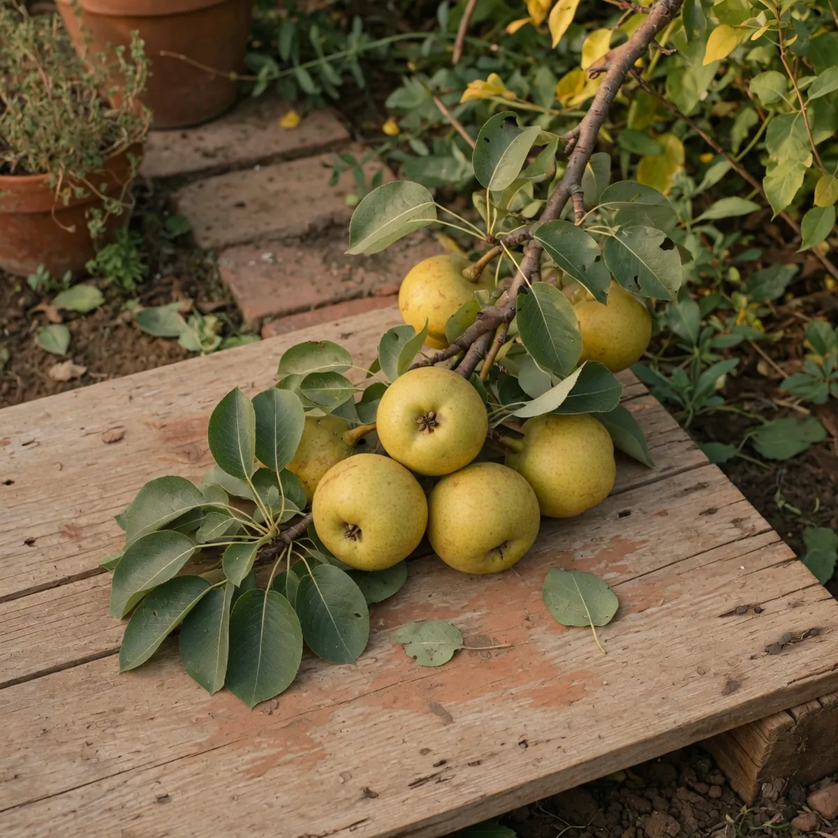 A cluster of round, yellowish-green Asian pears hanging from a leafy branch.