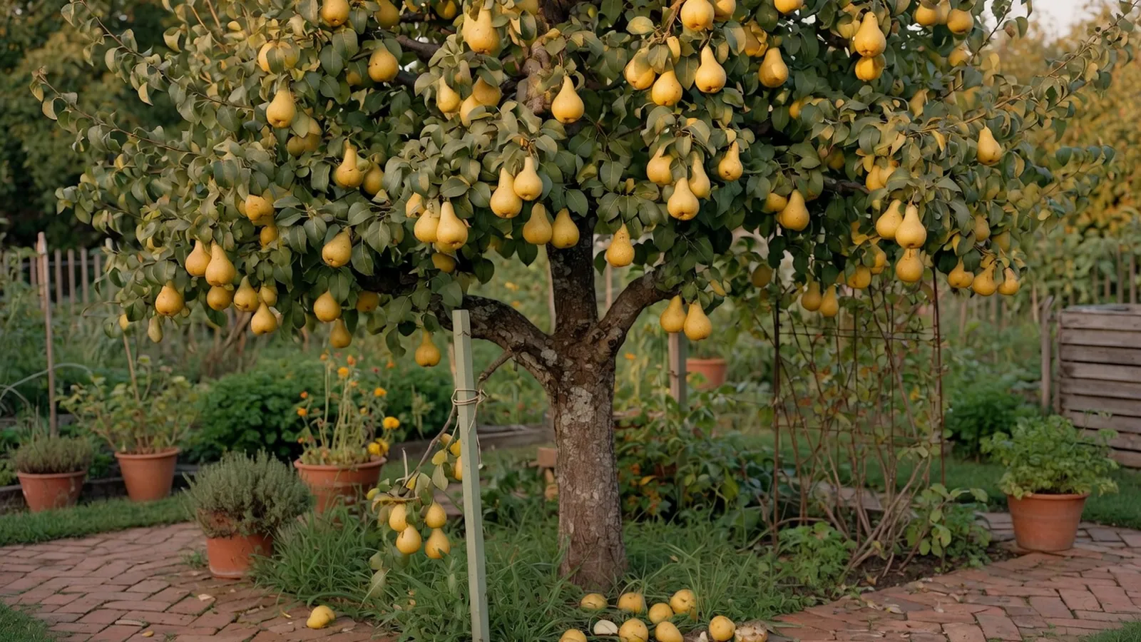 A mature pear tree heavy with ripe yellow fruit standing in a sunlit garden.