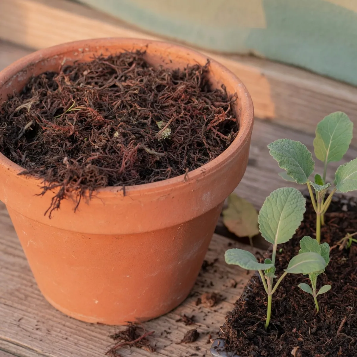 Dark fibrous peat moss sits in a terracotta pot beside healthy green seedlings.