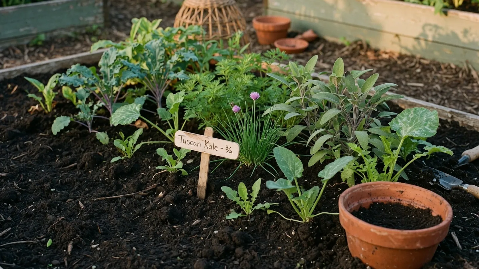 A lush garden bed features rich dark soil and thriving green plants under soft morning light.