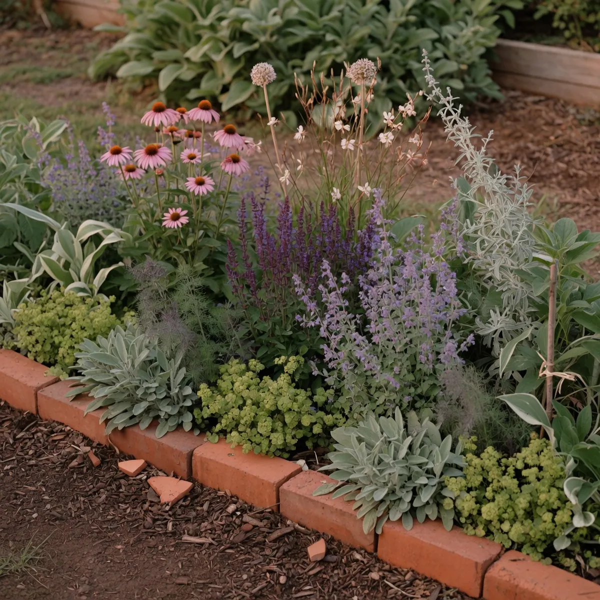 A mixed border of perennial flowers displaying varied heights and foliage textures in a well-tended garden bed.