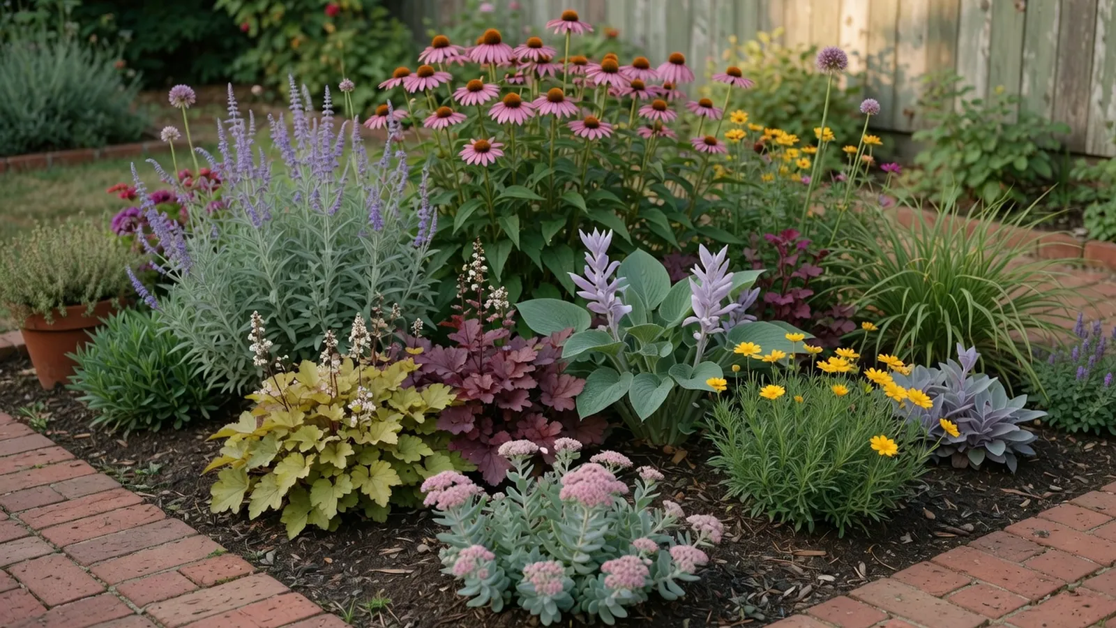A diverse collection of healthy perennial plants growing together in a well-maintained garden bed.