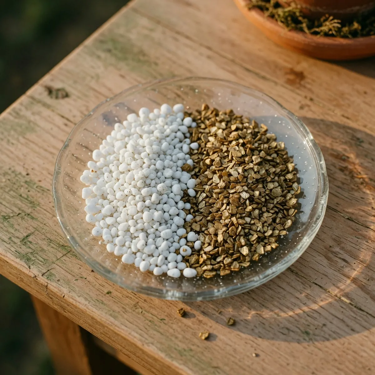 A close-up view of white perlite granules alongside brownish-golden vermiculite granules on a neutral surface.