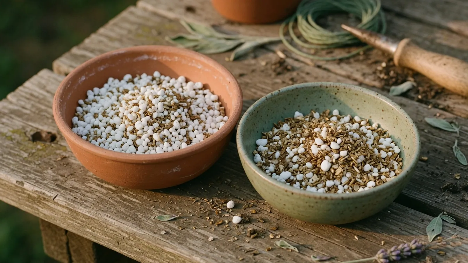 Two small ceramic bowls filled with white perlite and brownish-golden vermiculite placed side by side on a garden workbench.