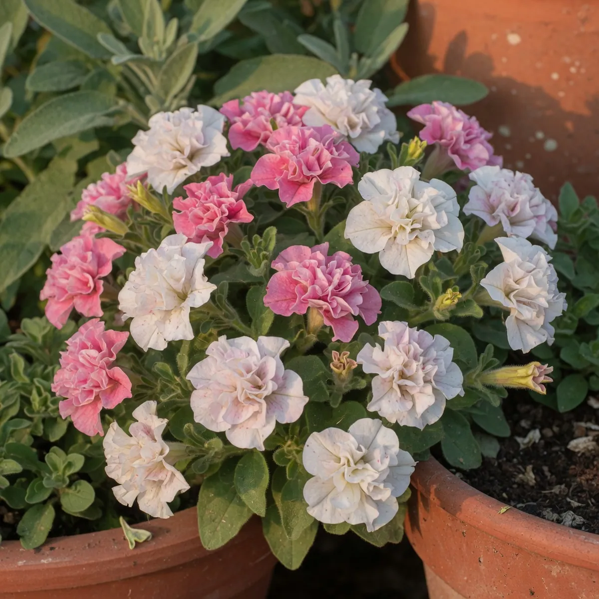 A cluster of small, one-inch diameter milliflora petunia blooms with ruffled petals in soft pink and white hues.