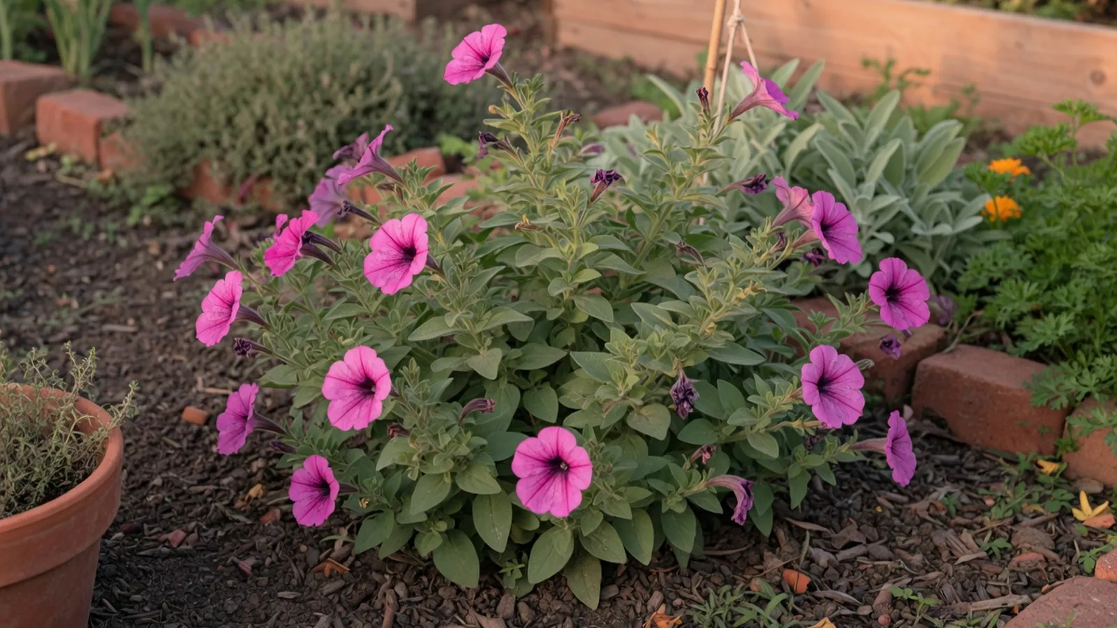 A healthy petunia plant in a garden bed displaying bright magenta and purple trumpet-shaped flowers among lush green foliage.