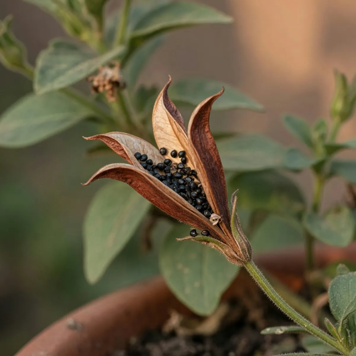 A dried brown petunia seedpod split open on a green stem, revealing tiny dark seeds nestled inside.