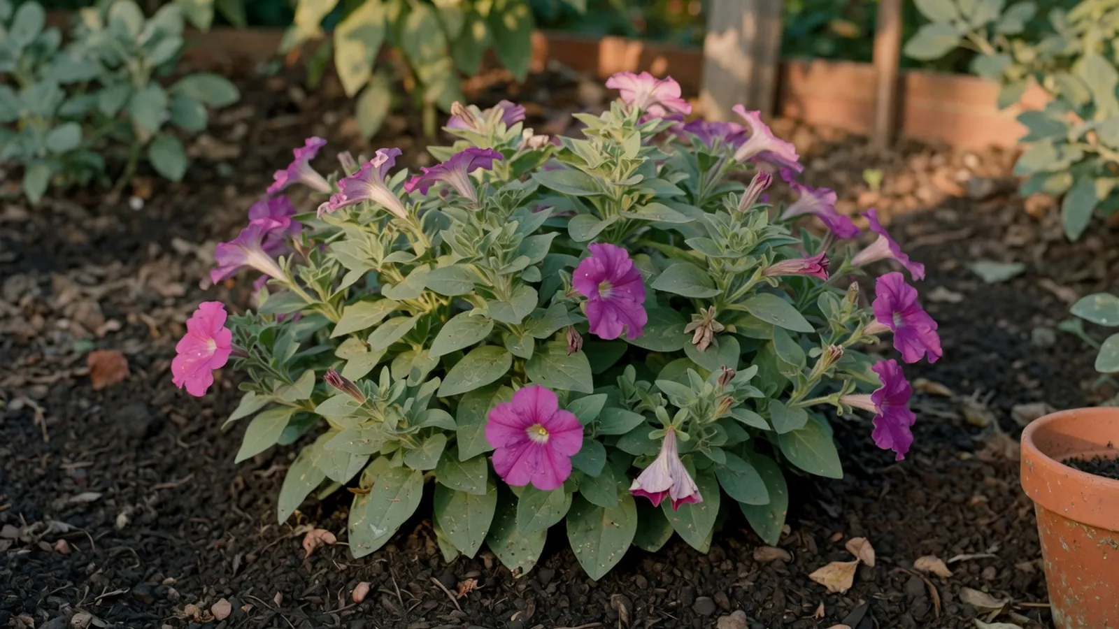 A healthy petunia plant with vibrant purple and pink blooms growing in rich garden soil.