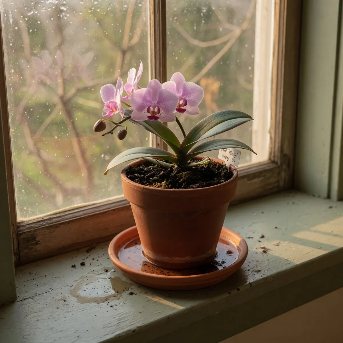 A potted phalaenopsis orchid with dark, waterlogged soil and a saucer full of standing water.