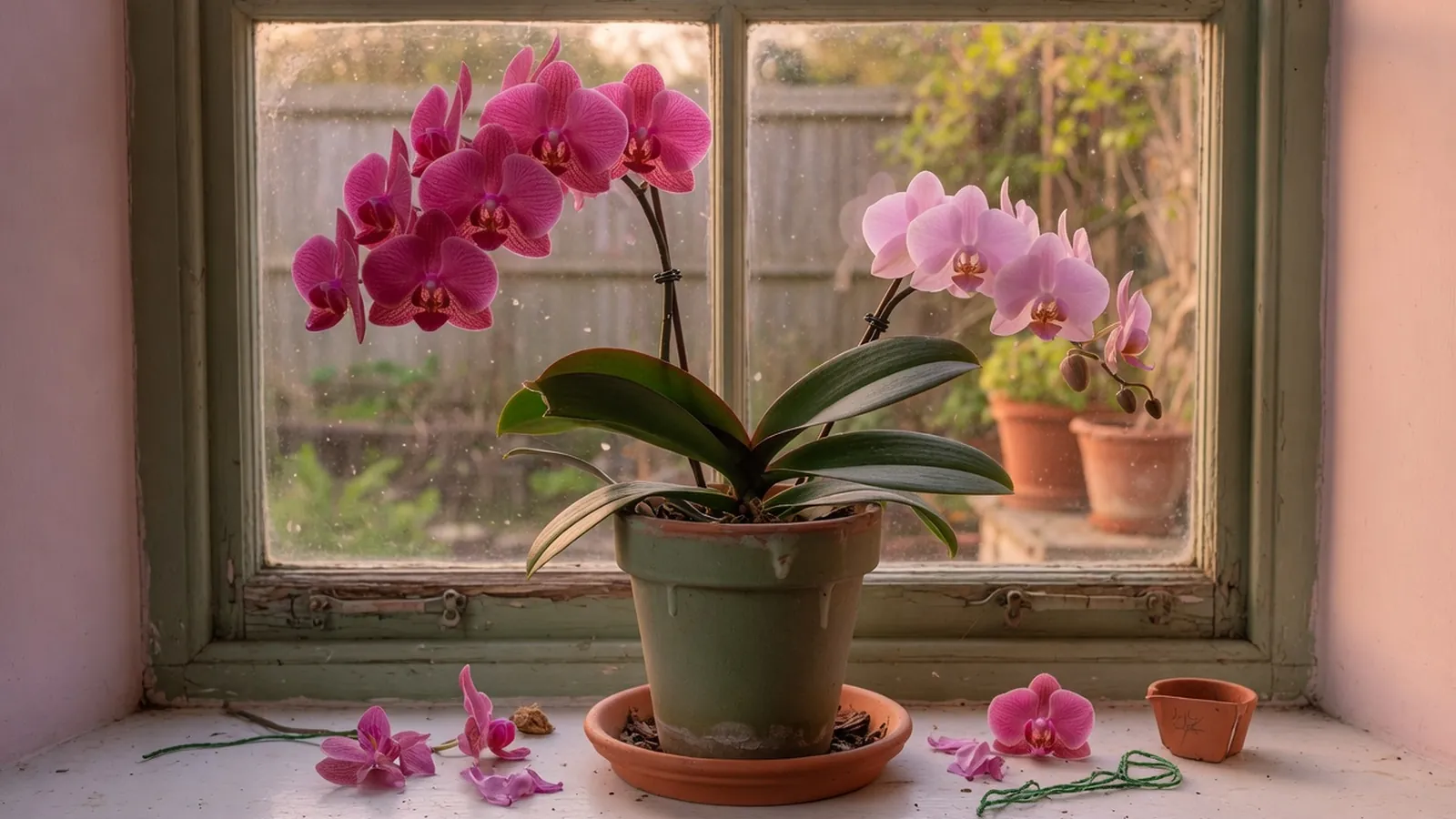 A healthy phalaenopsis orchid displaying a tall arching spike of pristine white blooms against broad green leaves.