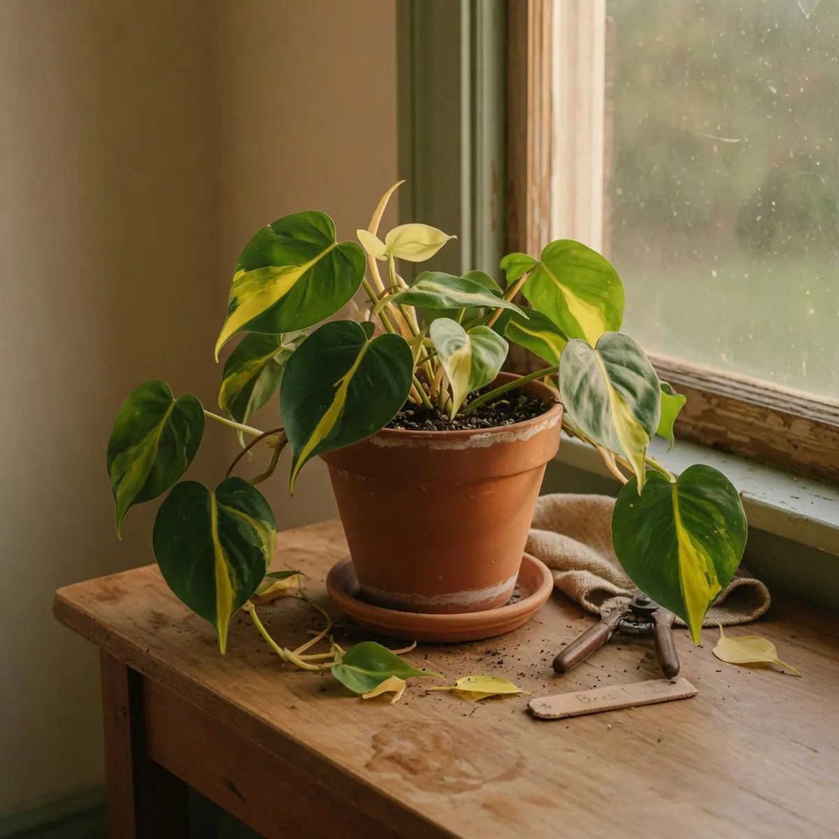 A close-up view of a philodendron 'Brasil' plant showcasing its characteristic green and yellow variegated leaves.