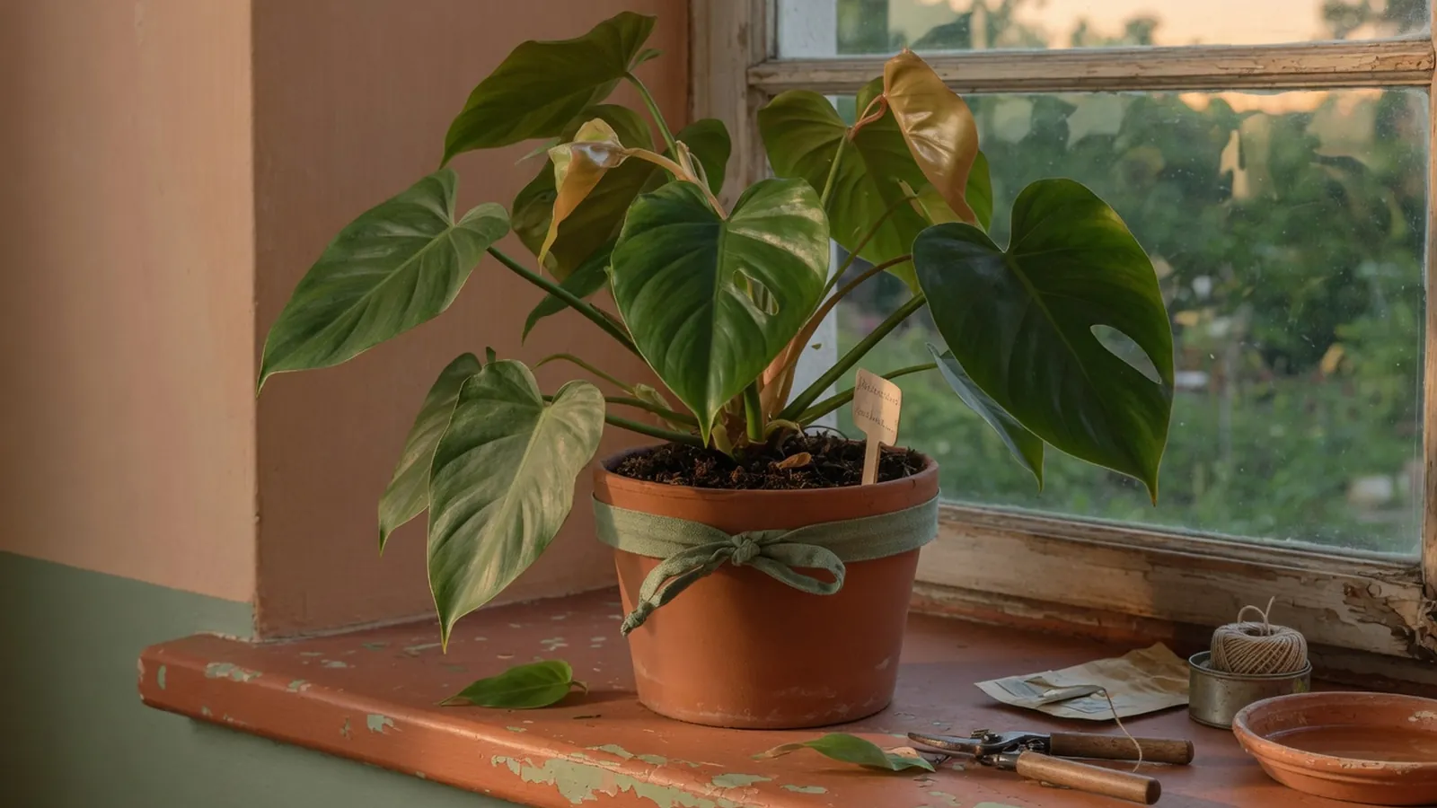 A lush philodendron plant with glossy heart-shaped leaves thriving in a bright indoor setting.