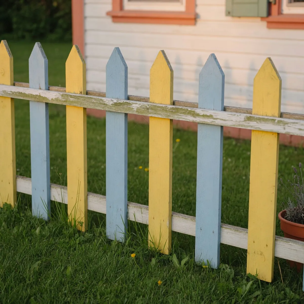 A wooden picket fence painted in alternating bright yellow and light blue panels standing in a green lawn.
