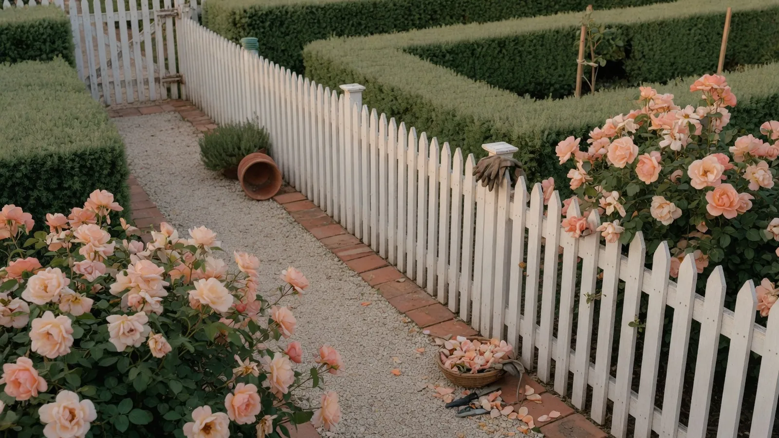 A classic white wooden picket fence running along a manicured garden path flanked by blooming rose bushes.