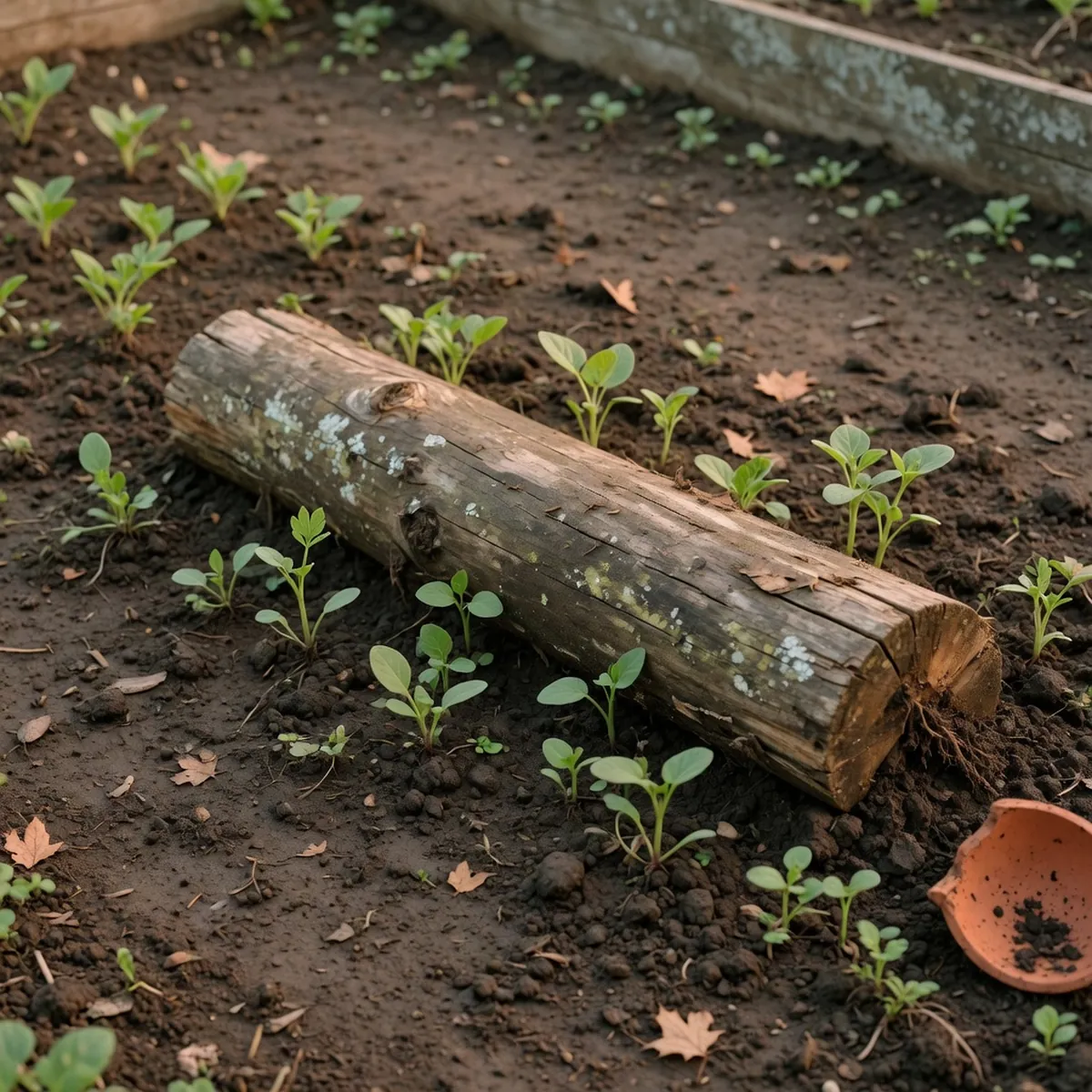 A weathered wooden log resting on damp earth beside young green seedlings in a garden bed.