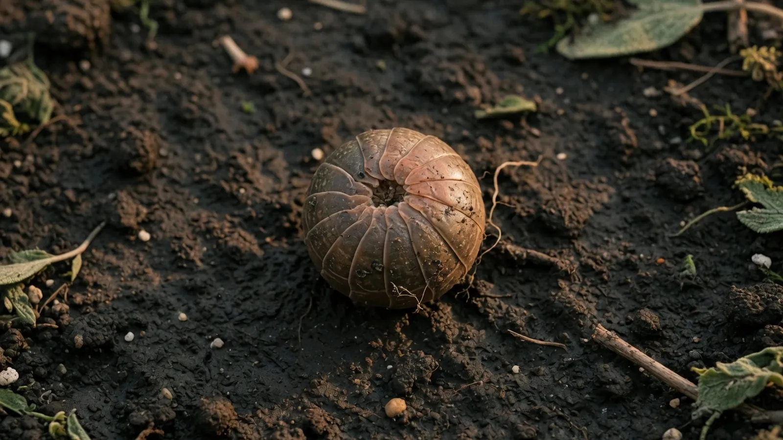 A single pill bug curled into a tight defensive ball on dark garden soil.