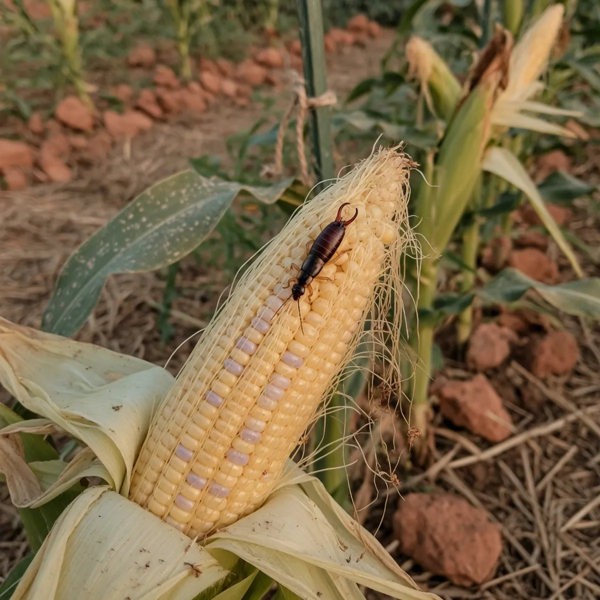 A detailed view of an earwig crawling along the pale yellow silk of a corn cob.
