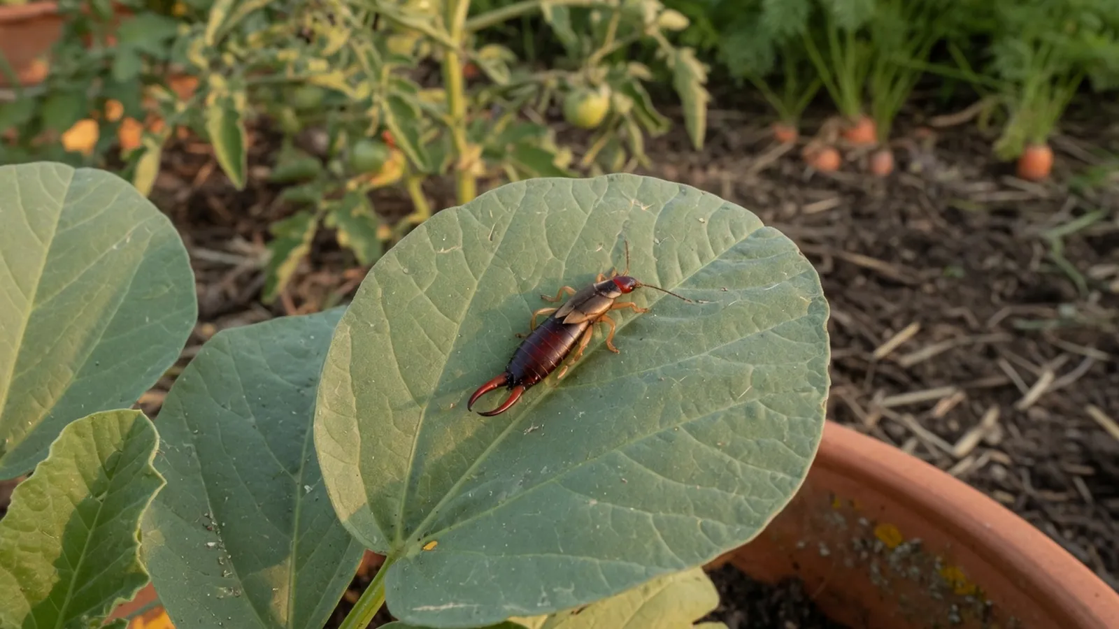 A close-up view of an earwig resting on a vibrant green garden leaf.