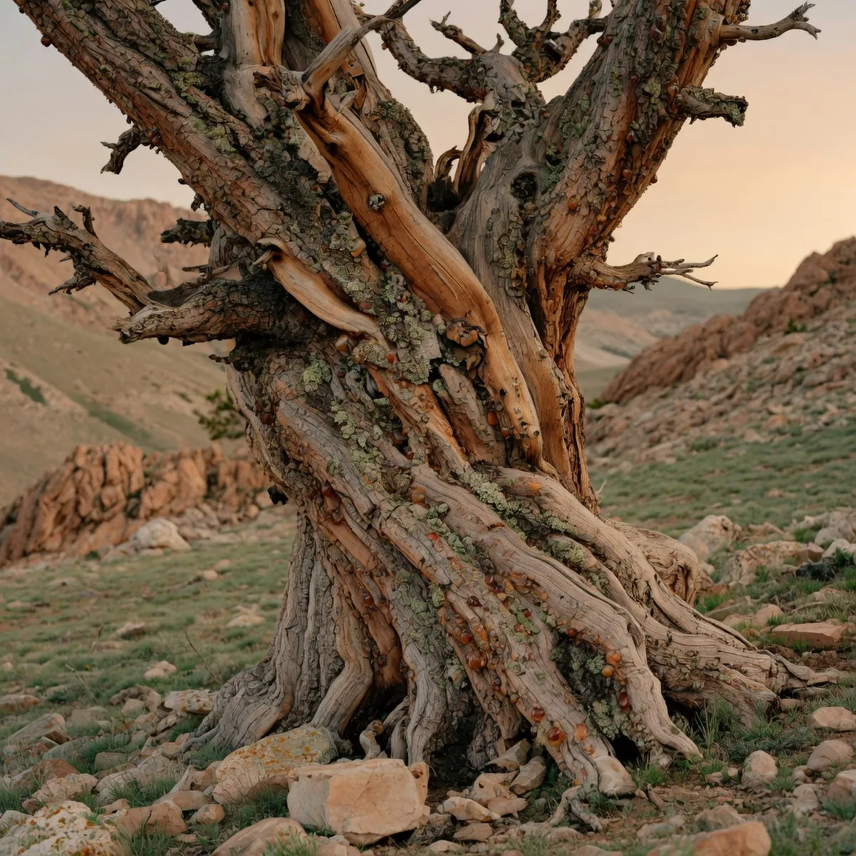 A close-up of weathered, gnarled bristlecone pine bark showing its distinctive resinous texture.