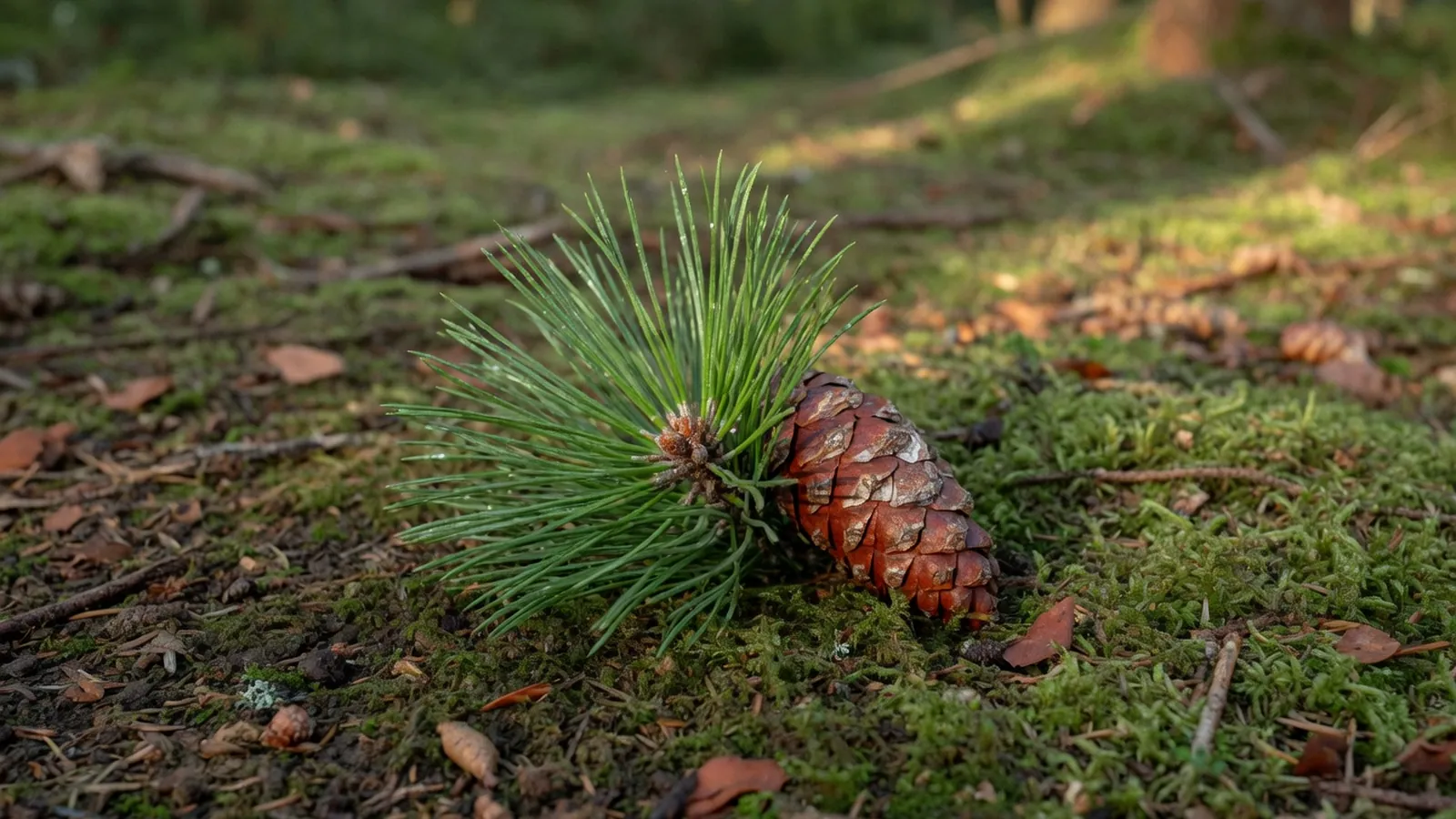 A cluster of vibrant green pine needles and a mature brown cone resting on mossy forest soil.