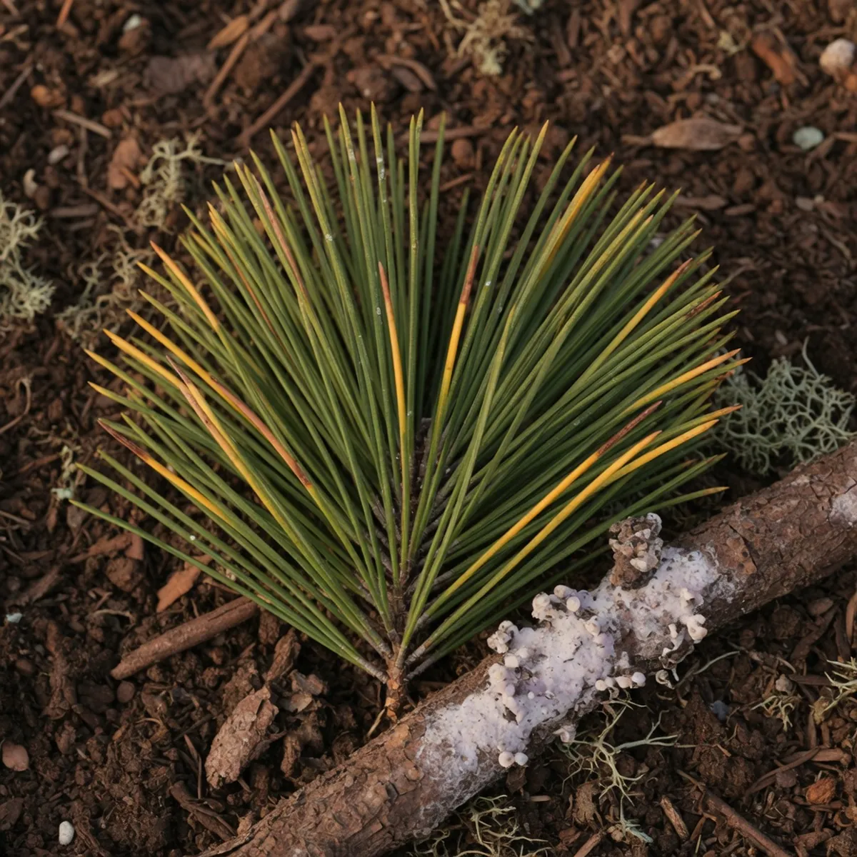 Close-up of pine needles showing distinct yellowing and browning at the tips on dark soil.