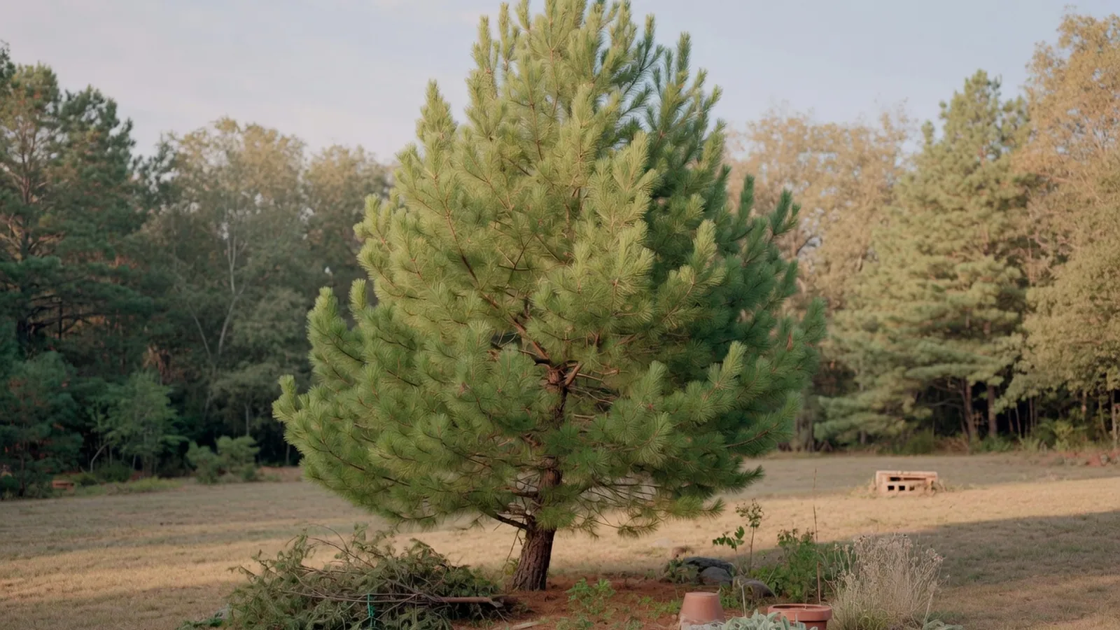 A tall, vibrant green pine tree standing alone in a sunlit woodland clearing.