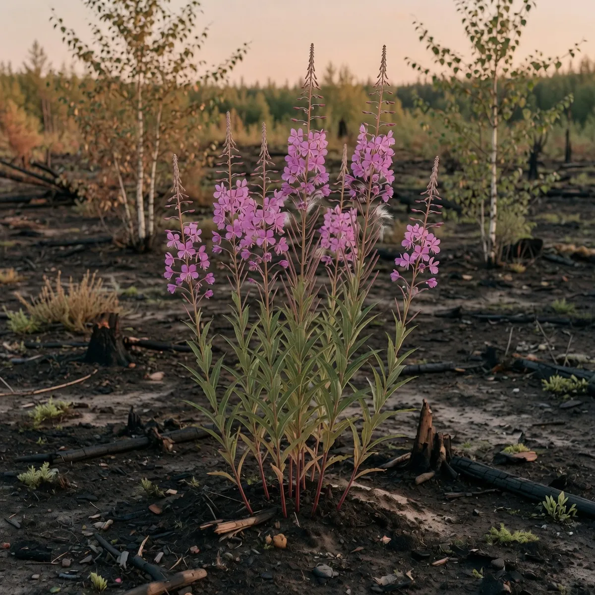 Tall fireweed plants with vibrant pink-purple flowers growing from dark charred soil.
