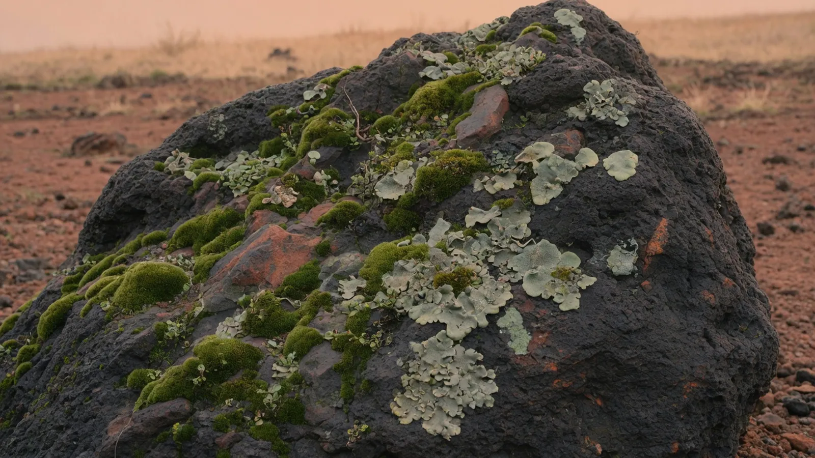 Patches of green moss and greyish-green lichen colonizing dark volcanic rock.