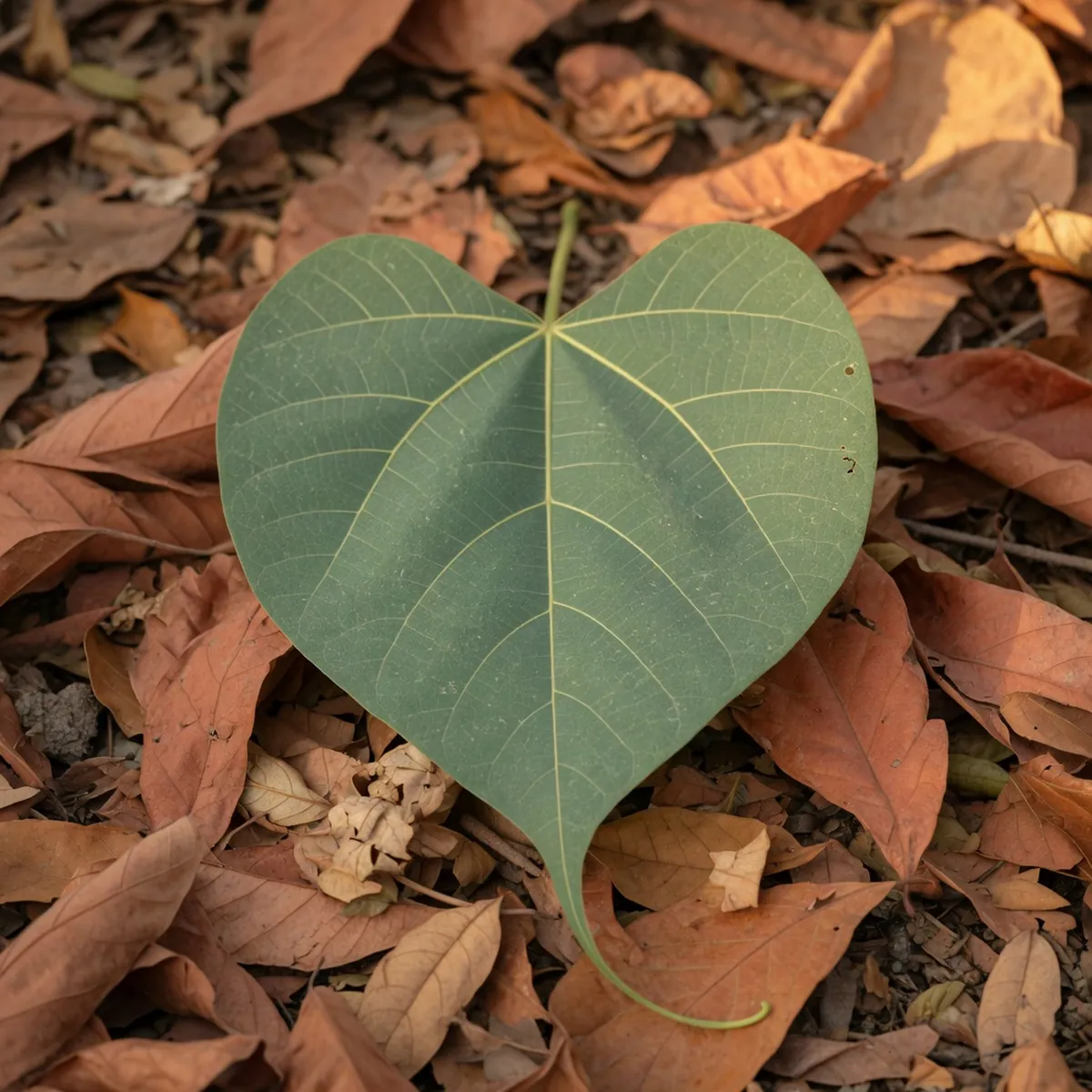 A close-up of a single Pipal leaf displaying its characteristic heart shape and long slender tip.