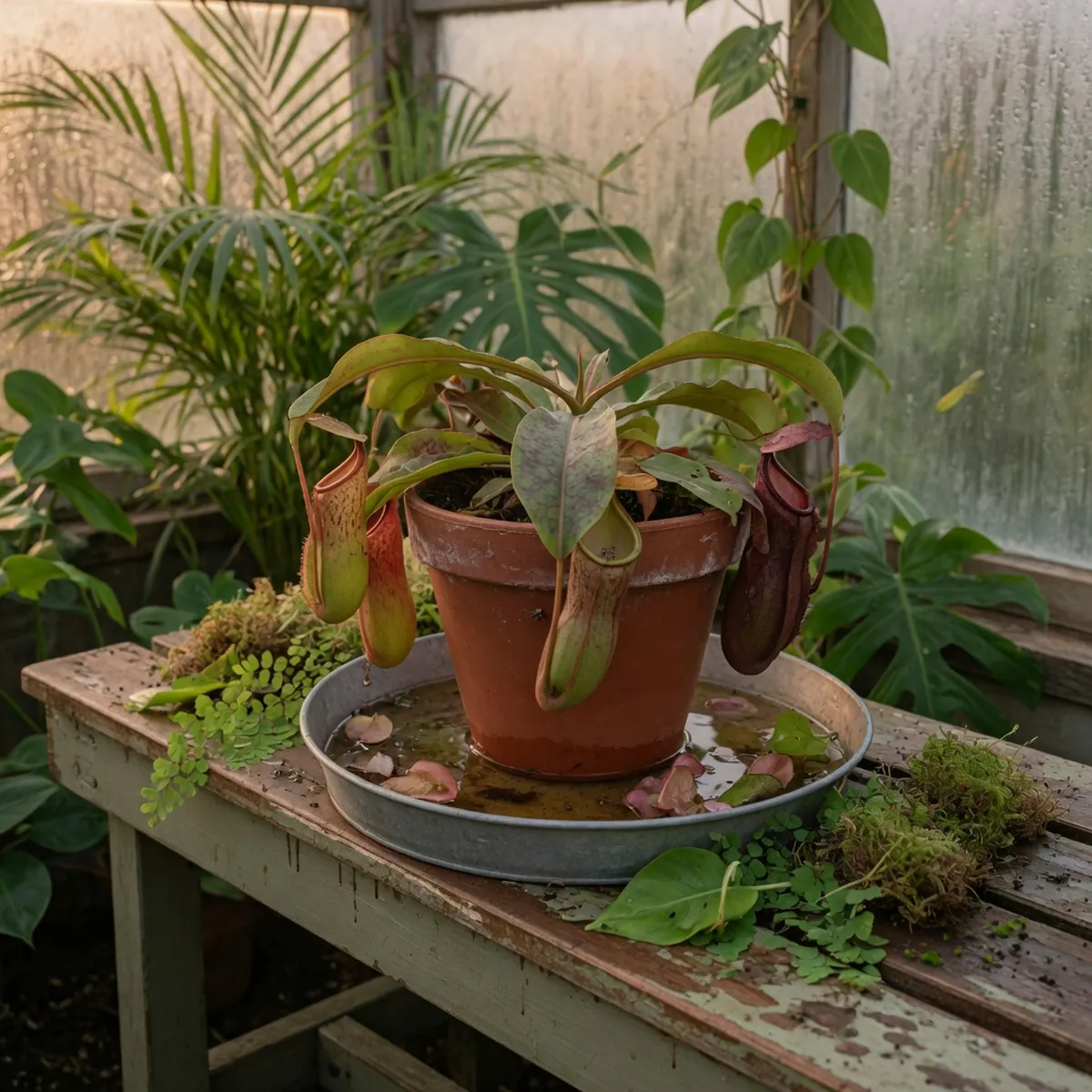 A healthy pitcher plant growing in a shallow tray of water within a bright, humid garden bed.
