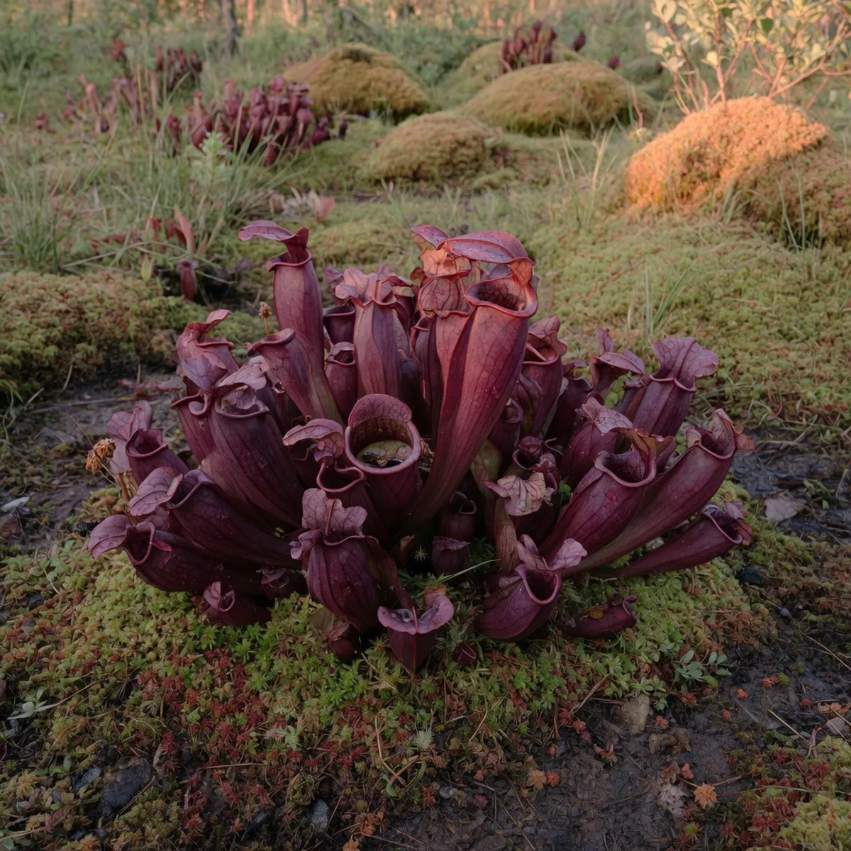 A cluster of deep purple pitcher plants with curved lids growing in a boggy wetland environment.