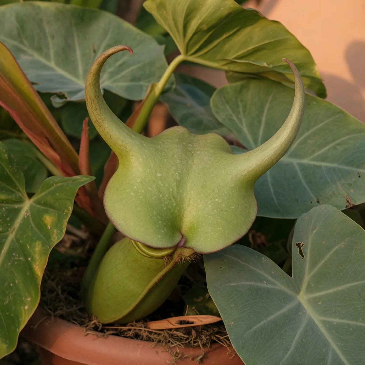 A close-up of a green pitcher plant lid featuring two prominent horn-like projections extending outward.
