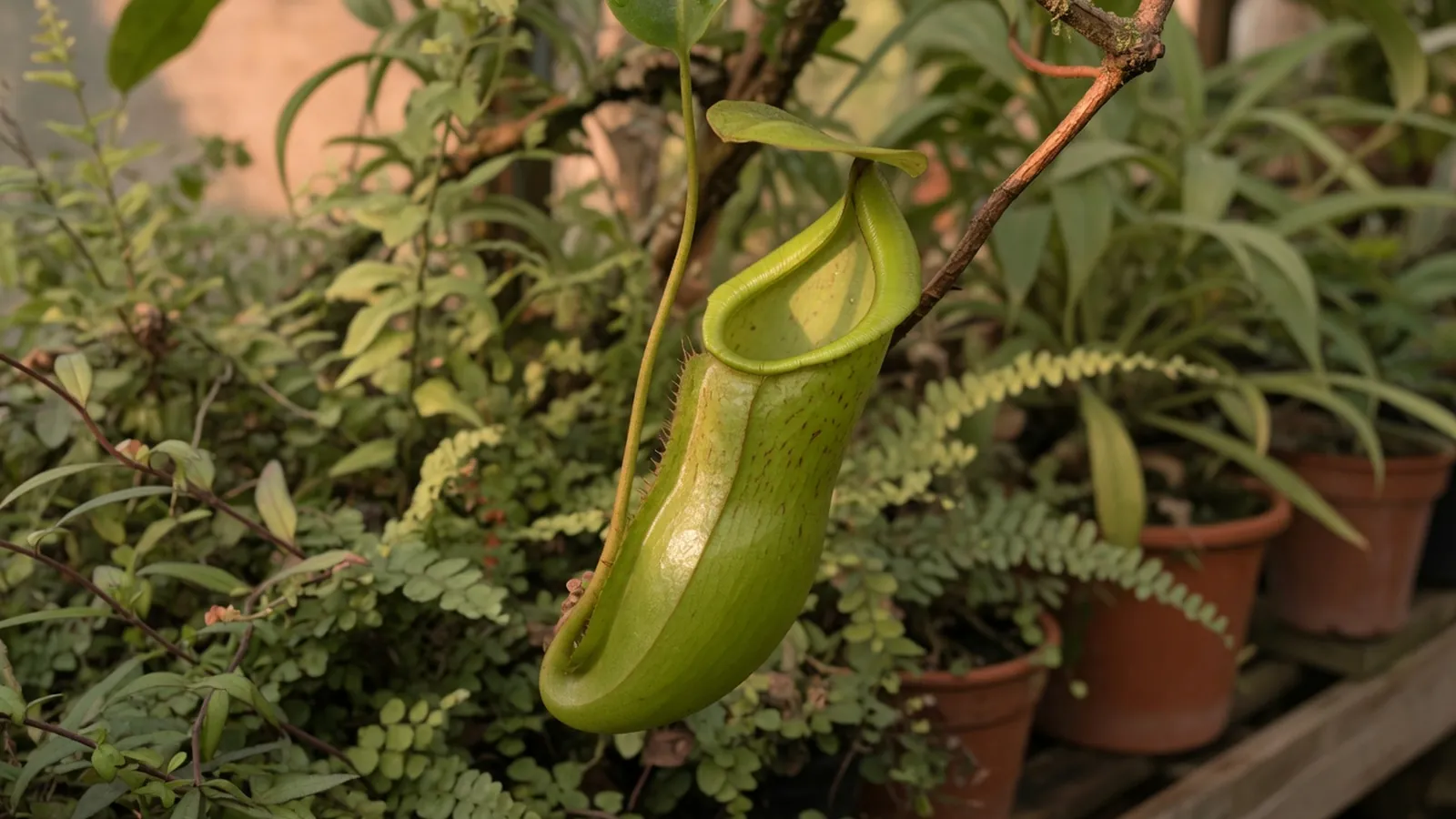 A vibrant green pitcher plant hanging from a vine with its lid slightly open in a humid forest setting.