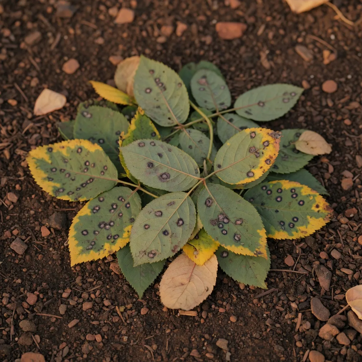 Rose leaves displaying dark circular spots and yellowing edges characteristic of fungal infection.