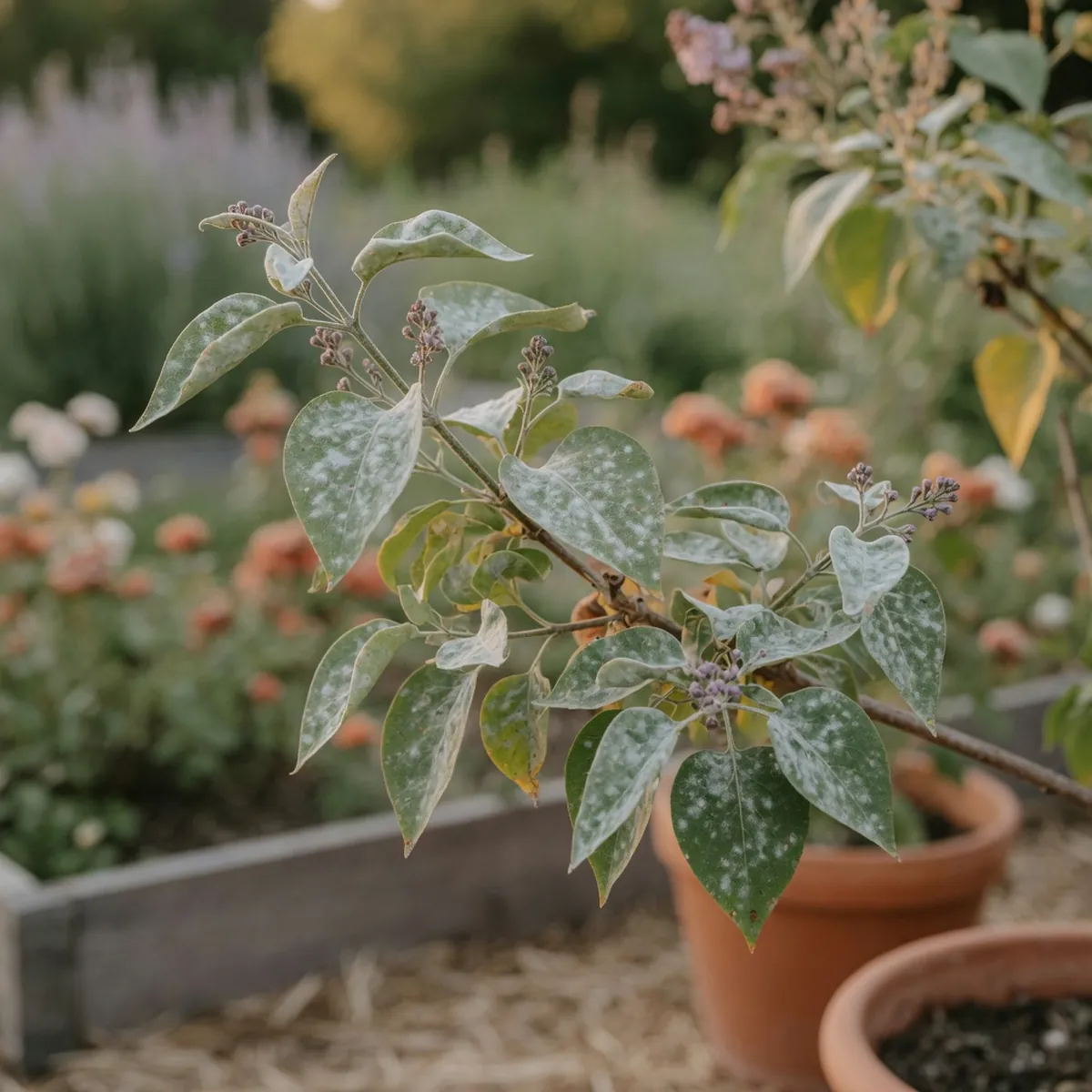 A lilac branch showing a fine white powdery coating on its leaves.