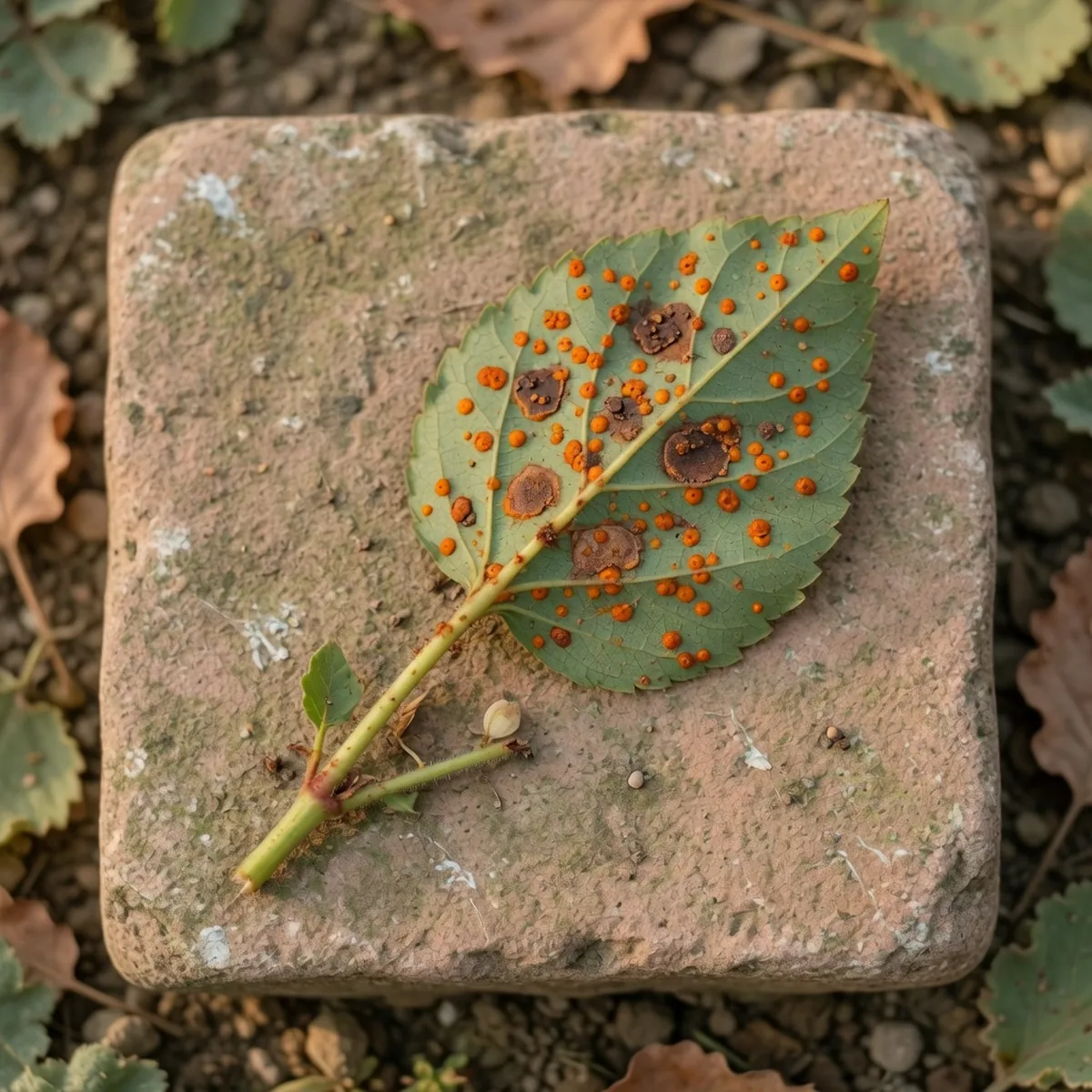 A plant stem and leaf displaying raised orange and brown fungal pustules.
