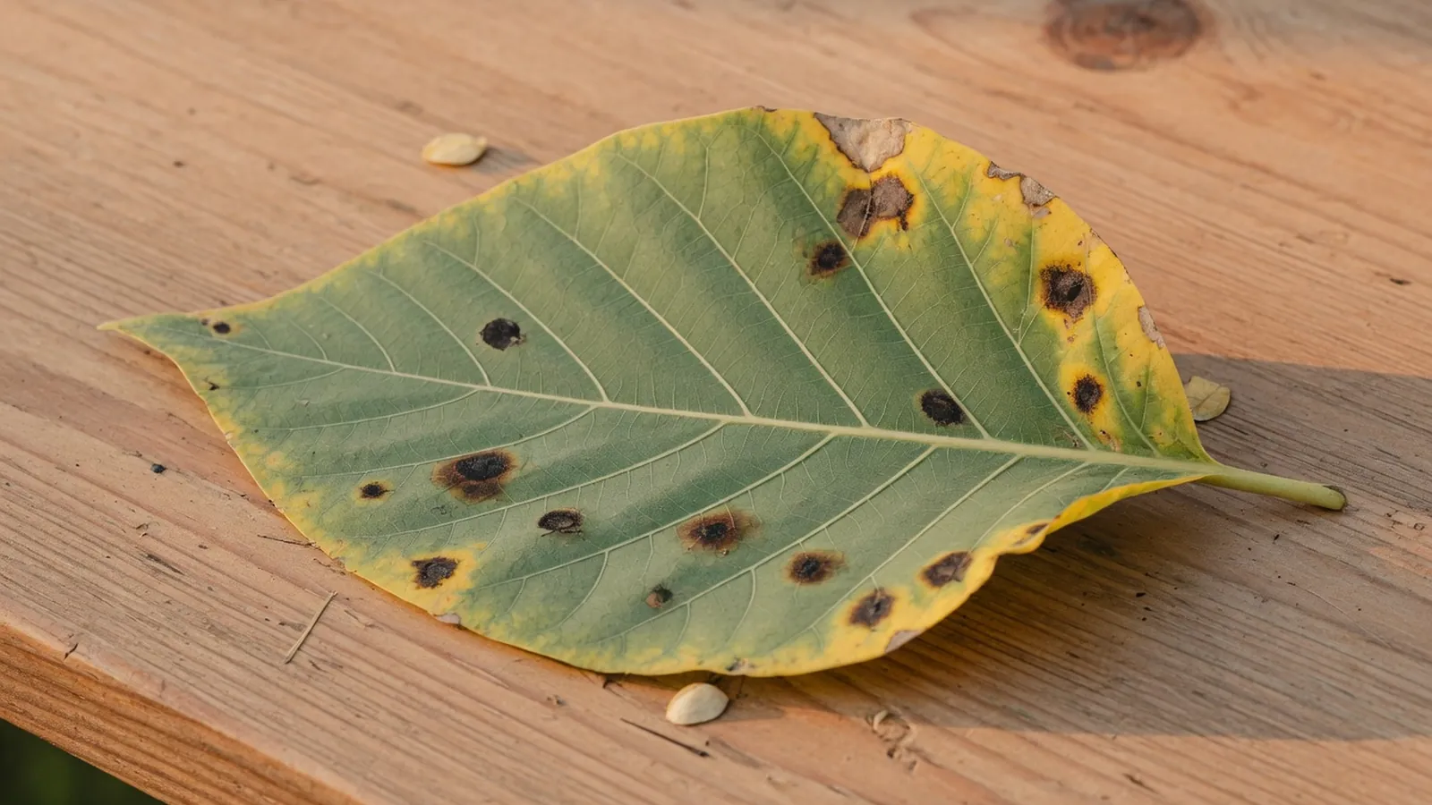 A green leaf displaying dark fungal spots and yellowing edges on a wooden table.