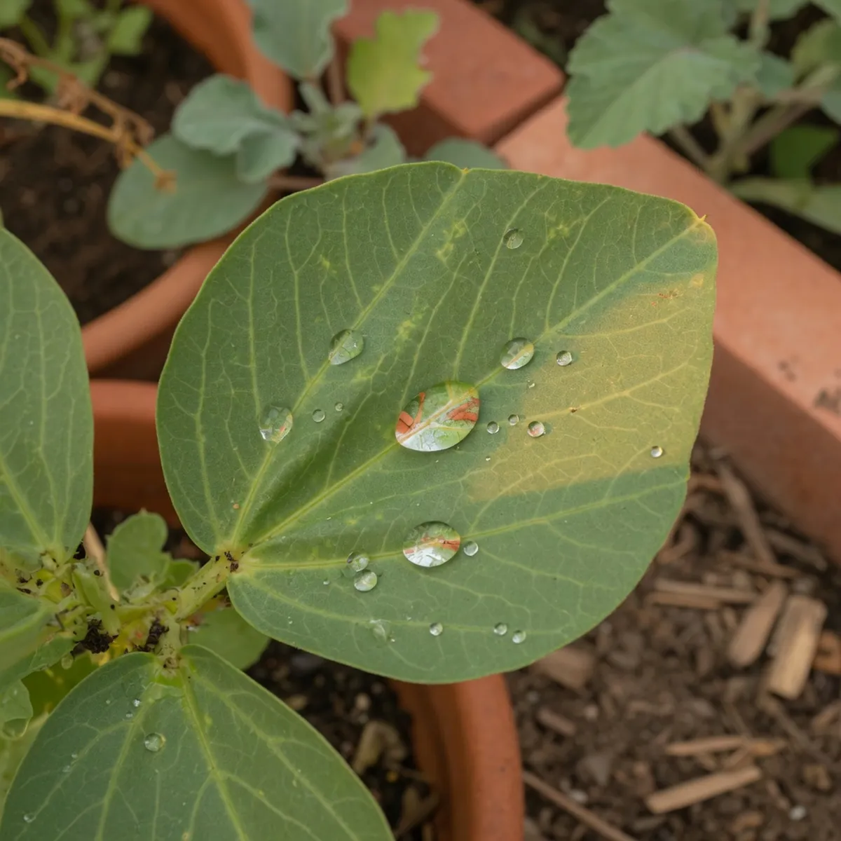 A close-up of a healthy green leaf with visible water droplets resting on its surface.
