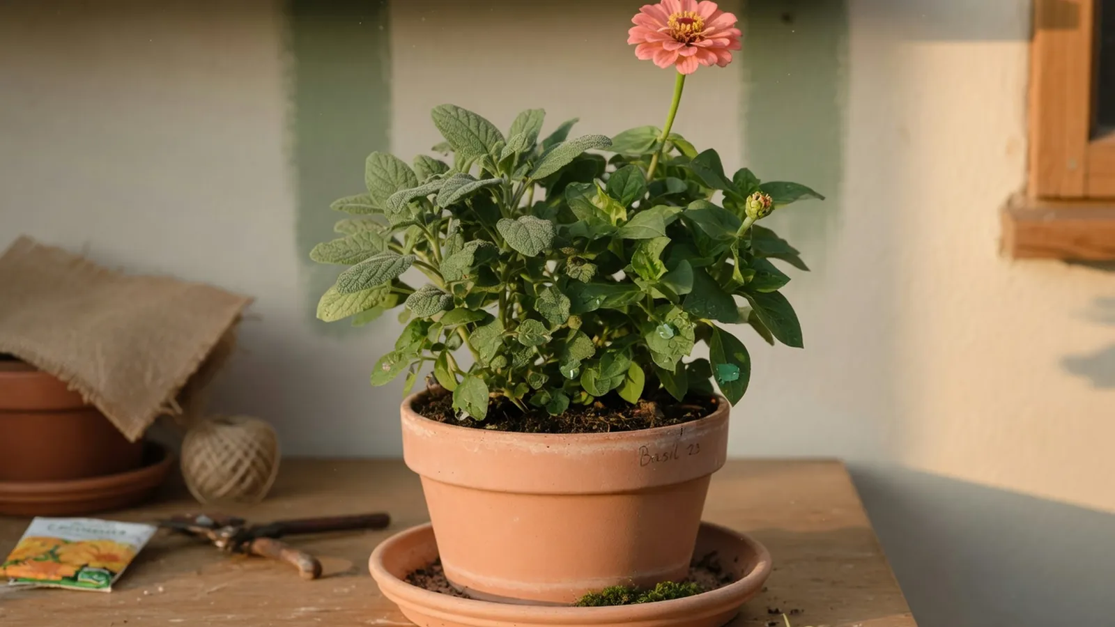 A thriving potted plant with lush green foliage and a single blooming flower in a bright indoor setting.