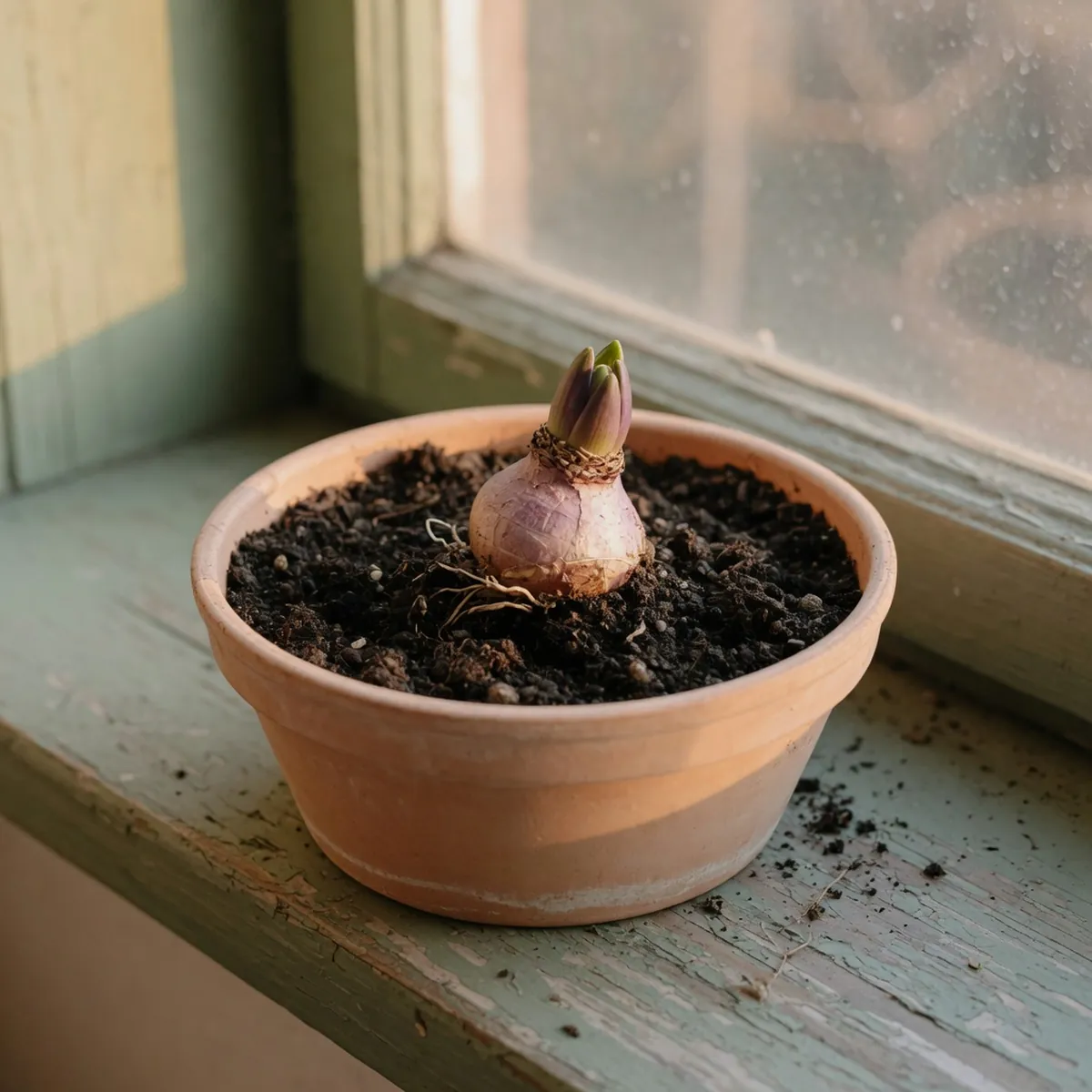 A hyacinth bulb planted in a shallow pot with the top half exposed above the soil.