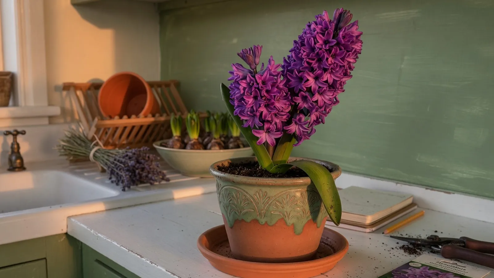 A blooming purple hyacinth in a decorative ceramic pot on a bright kitchen counter.