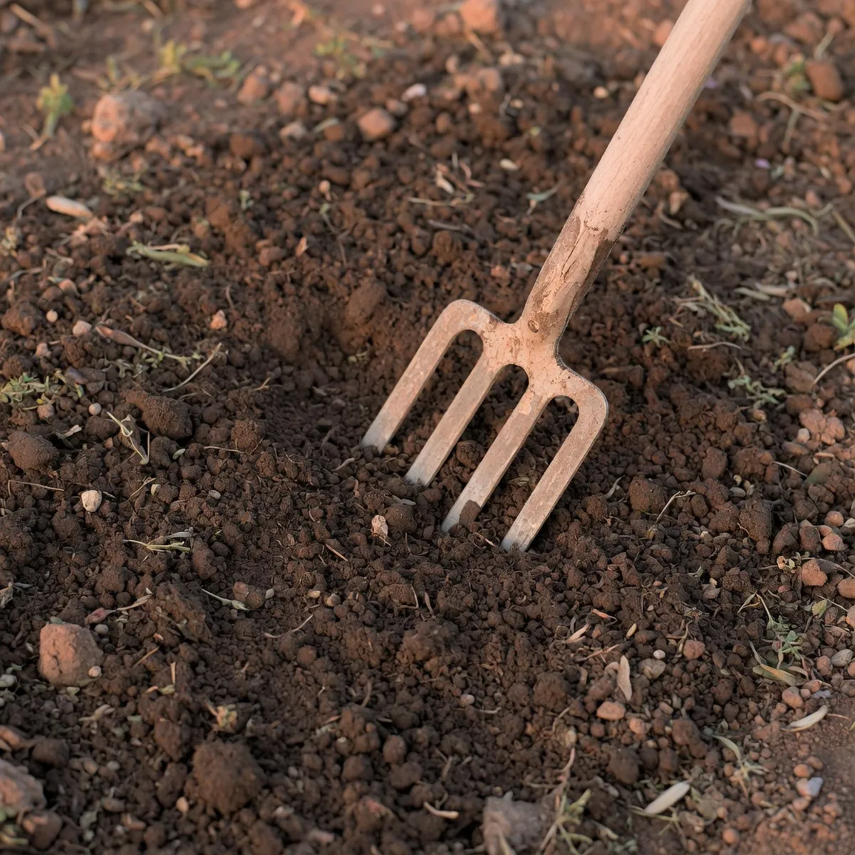 Dark, crumbly garden soil with a wooden garden fork inserted slightly into the earth.