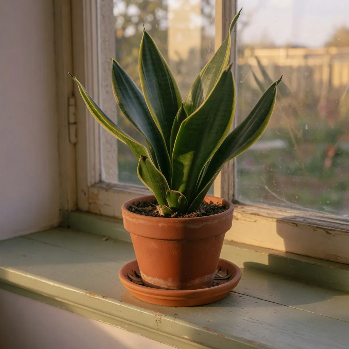 A potted snake plant with upright, stiff green leaves featuring yellow edges on a windowsill.