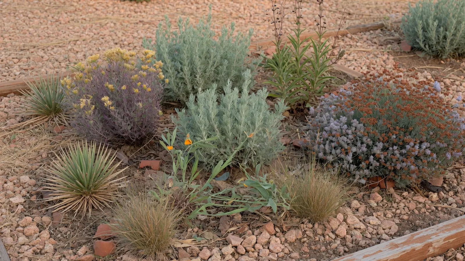 A diverse collection of drought-tolerant native plants in a dry, sunlit garden bed.
