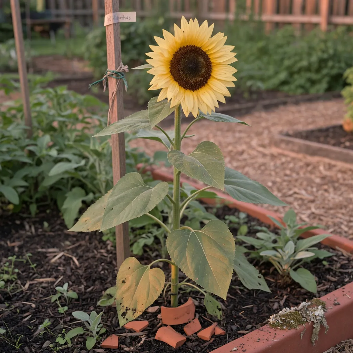 A tall sunflower stalk with a large yellow bloom and broad green leaves standing in a garden bed.