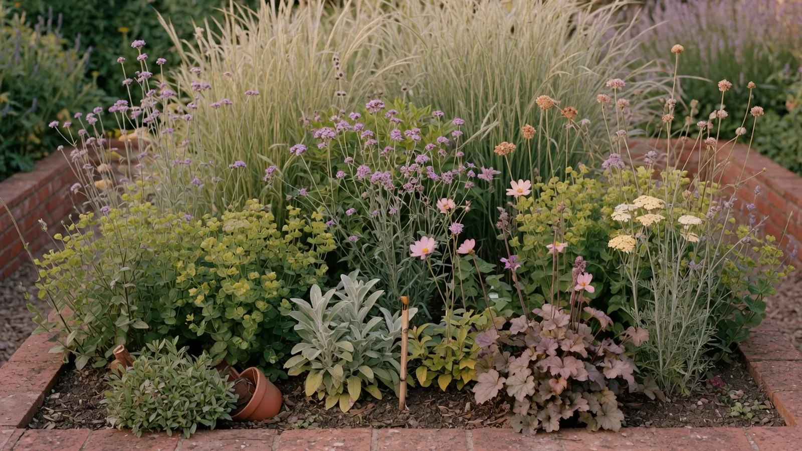 A vibrant garden bed showcasing a mix of tall grasses, leafy shrubs, and flowering stems under soft daylight.
