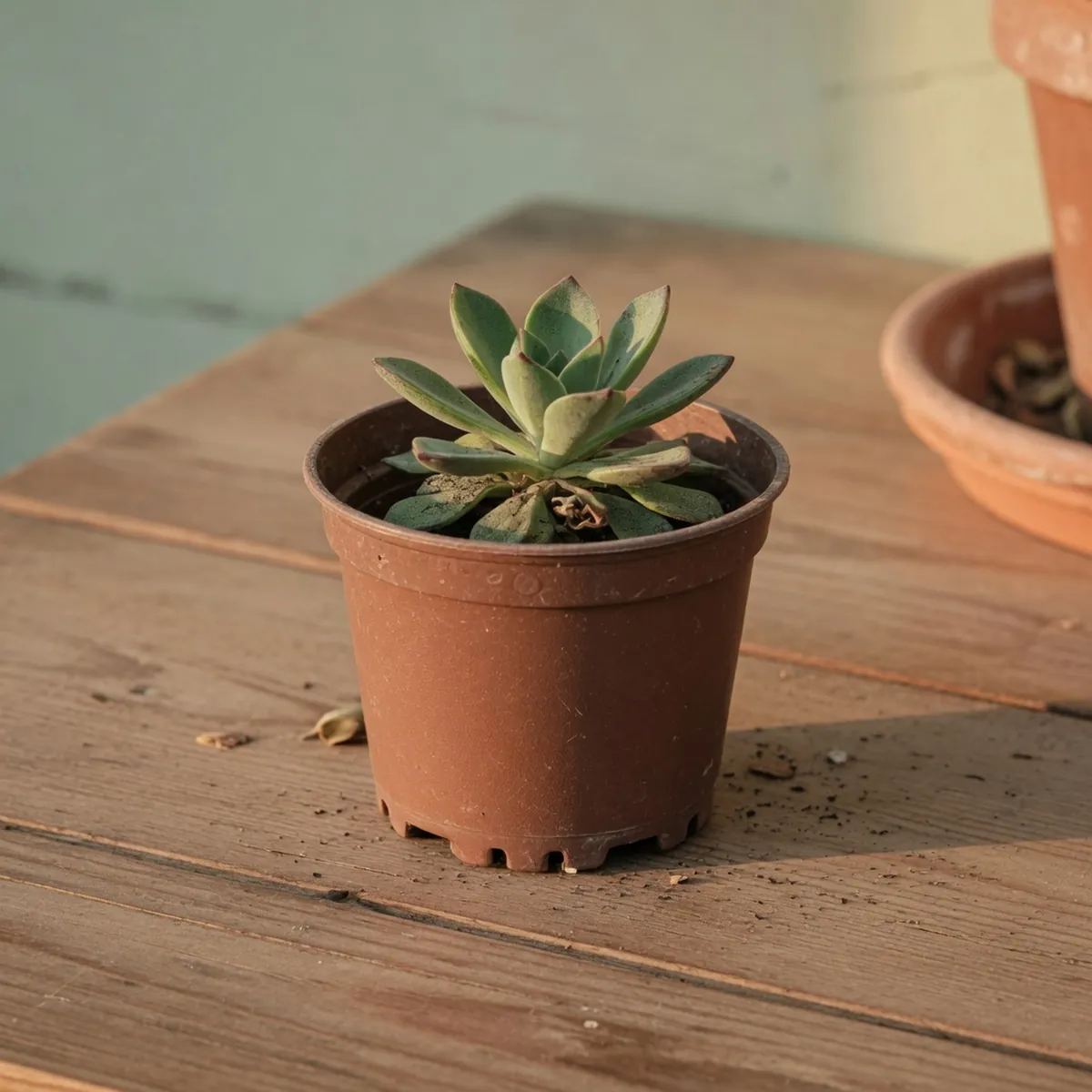 A smooth plastic pot with a textured brown finish holding a small green succulent on a wooden table.