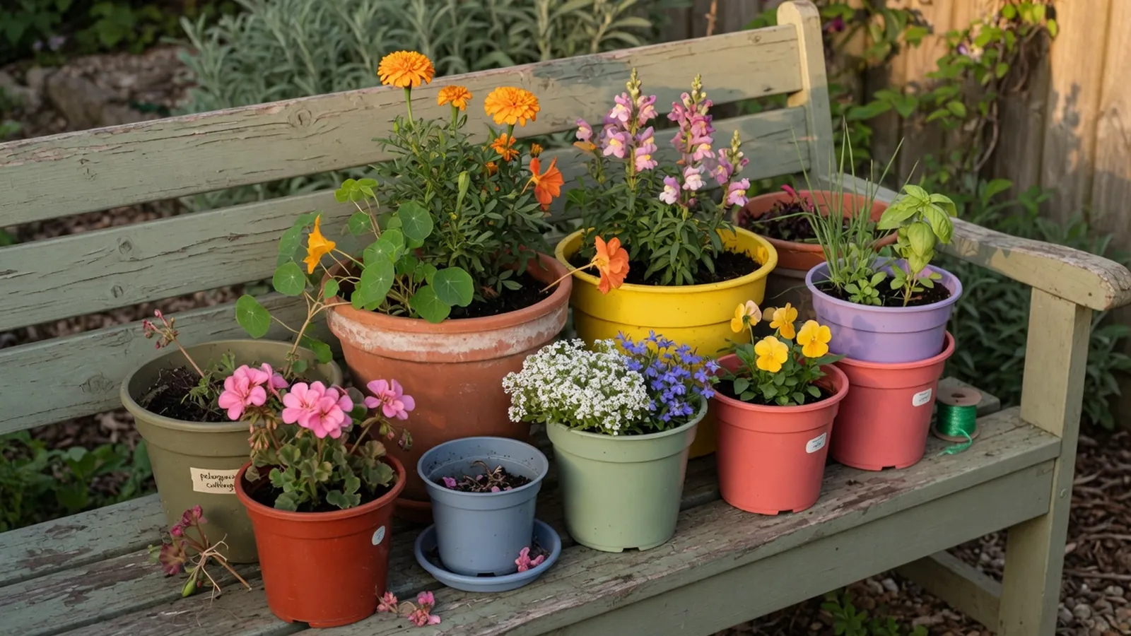 A collection of colorful plastic flower pots arranged on a garden bench with blooming flowers.