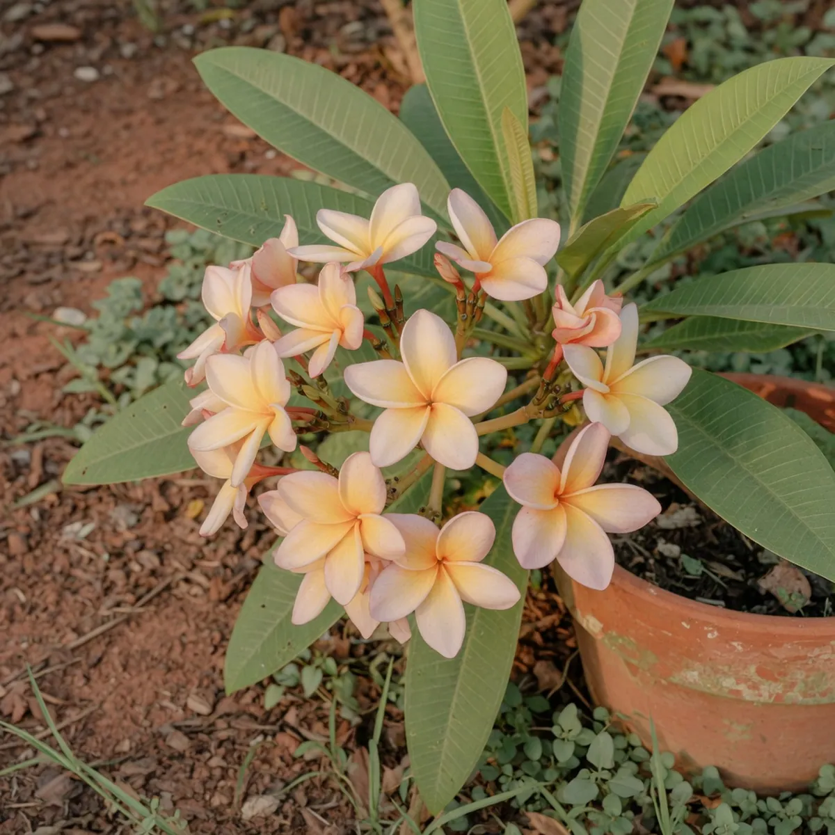 A cluster of pastel plumeria flowers with five overlapping petals sits among elongated green leaves.